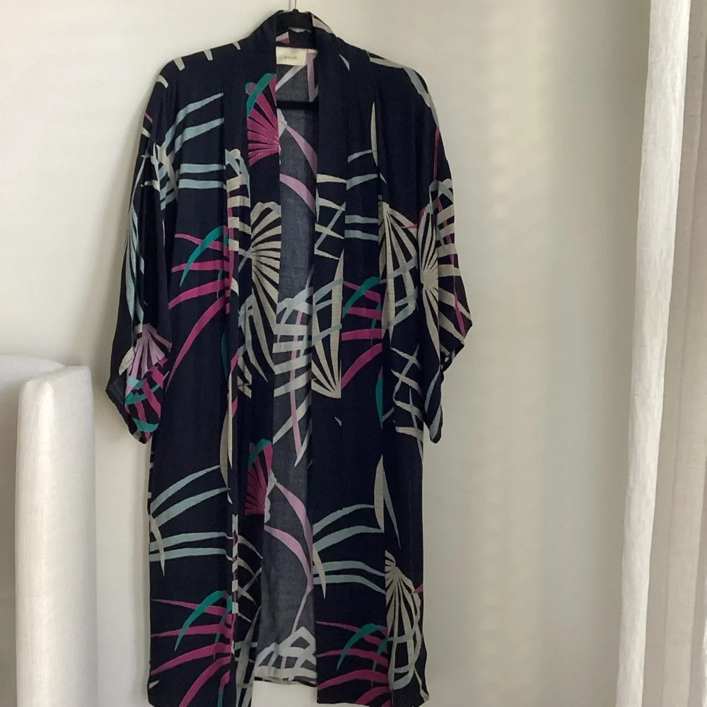 Maeve Kira Long Kimono Jacket Womens Size XS/S Black Tropical Floral Pockets - Picture 2 of 15